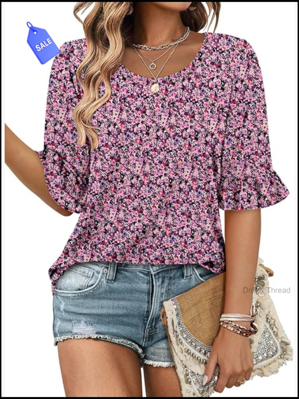 Floral Print Half Sleeve Tunic Top, V-Neck, Loose Fit, Polyester Spandex Blend